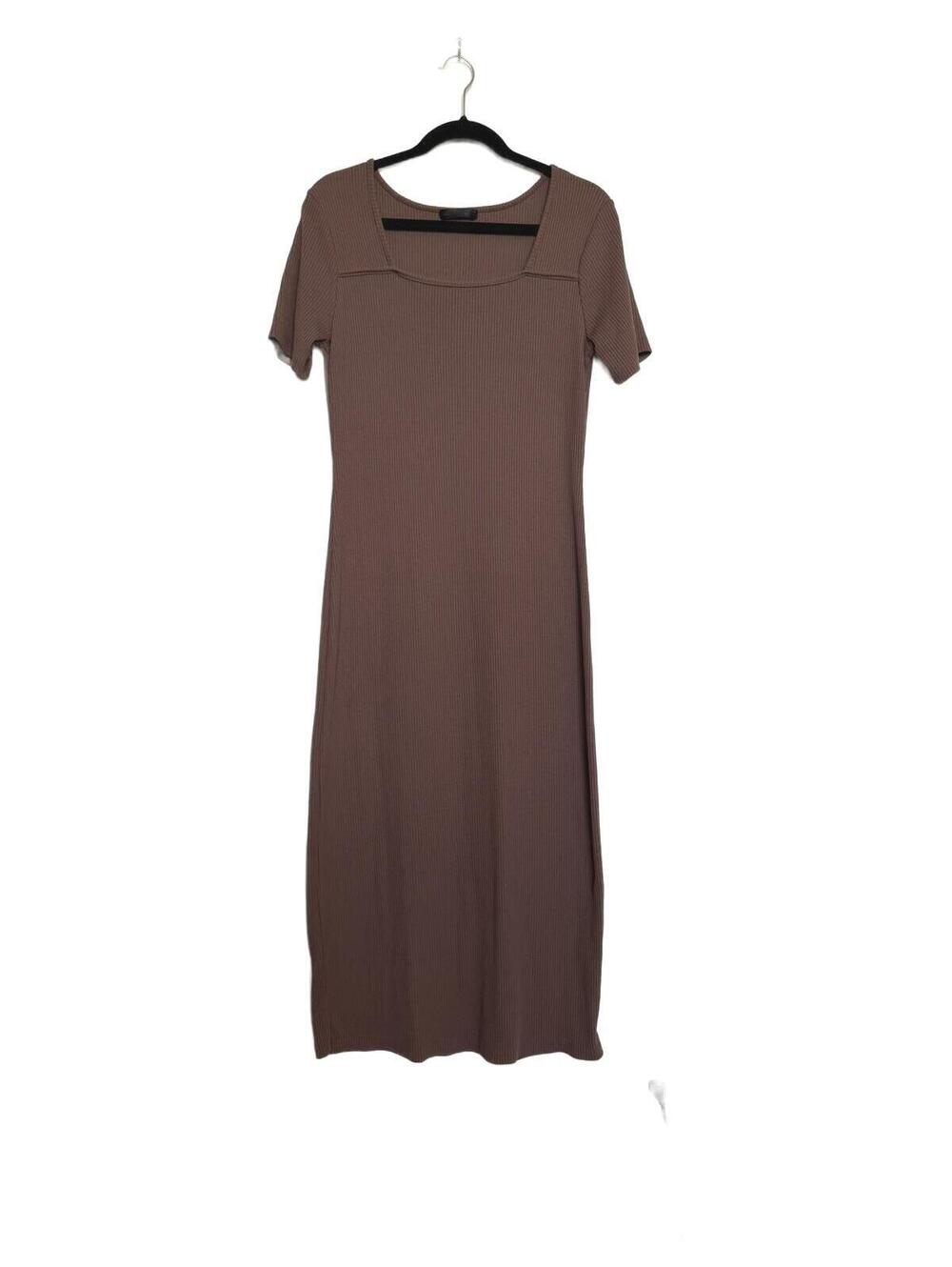 Ribbed Knit Short Sleeve Maxi Dress in Brown - Picture 1 of 5